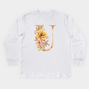 Watercolor sunflower bouquet monogram letter U Kids Long Sleeve T-Shirt